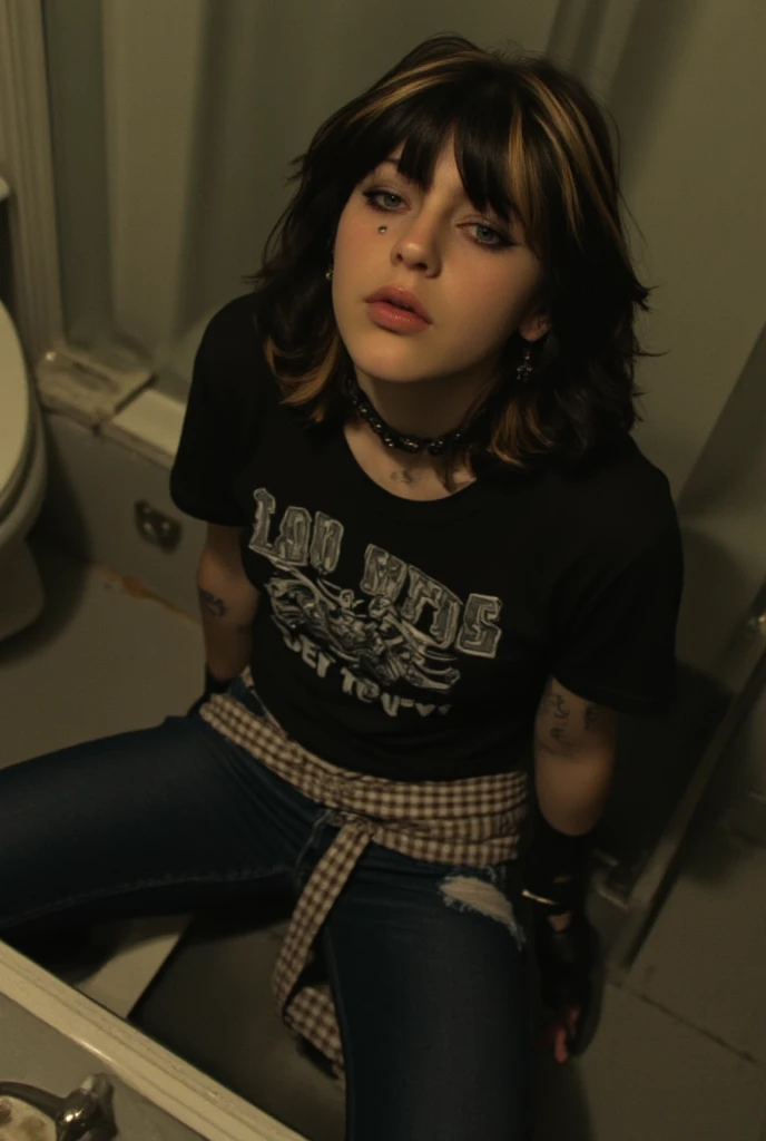 1guy, emo, black with blond stripes shaggy hair, lip piercings, nose piercings, tattoos, intense eyes, half lidded, Drunk, Nosebleed, From Above, Looking at himself at the mirror, background is a urban dirty bathroom, punk vibes, wearing emo clothes, two studded belts, tight band tshirt, ripped jeans.