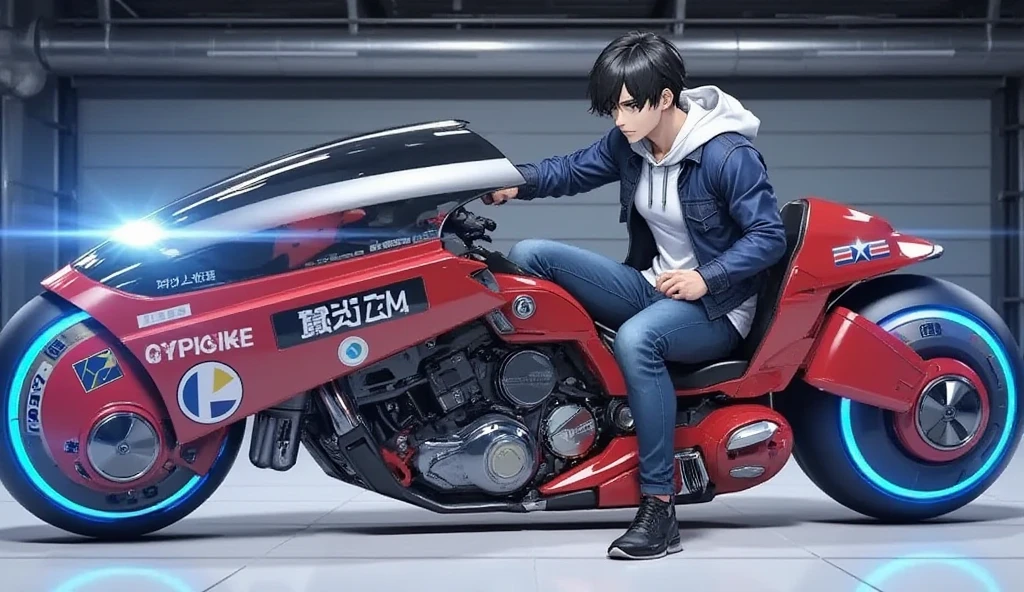 Young Man Riding a Motorbike "Asuka",clothing:Wearing a white hoodie, blue jacket, and jeans,(masterpiece:1.2,EXCEPTIONAL QUALITY ,Mirror finish, cinematic experience,  best illustrations:2.0, super detailed ),8k, wallpaper,(futureのハイパーバイク設計図:2.0),( detailed hyperbike description data :2.0),( 3D hologram hyperbike  :2.0),( blue square line bed :2.0),( cyberpunk:2.0),(future:2.0),(bike machine :2.0),("" hologram logo ),(square line wall  :2.0),background:Night highway