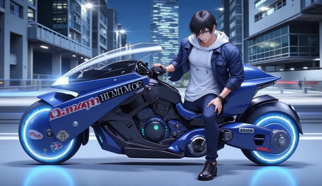 Young Man Riding a Motorbike "Asuka",clothing:Wearing a white hoodie, blue jacket, and jeans,(masterpiece:1.2,EXCEPTIONAL QUALITY ,Mirror finish, cinematic experience,  best illustrations:2.0, super detailed ),8k, wallpaper,(futureのハイパーバイク設計図:2.0),( detailed hyperbike description data :2.0),( 3D hologram hyperbike  :2.0),( blue square line bed :2.0),( cyberpunk:2.0),(future:2.0),(bike machine :2.0),("" hologram logo ),(square line wall  :2.0),background:Night highway