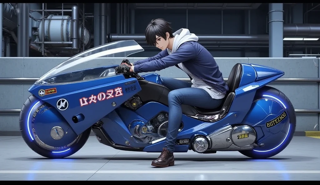 Young Man Riding a Motorbike "Asuka",clothing:Wearing a white hoodie, blue jacket, and jeans,(masterpiece:1.2,EXCEPTIONAL QUALITY ,Mirror finish, cinematic experience,  best illustrations:2.0, super detailed ),8k, wallpaper,(futureのハイパーバイク設計図:2.0),( detailed hyperbike description data :2.0),( 3D hologram hyperbike  :2.0),( blue square line bed :2.0),( cyberpunk:2.0),(future:2.0),(bike machine :2.0),("" hologram logo ),(square line wall  :2.0),background:Night highway