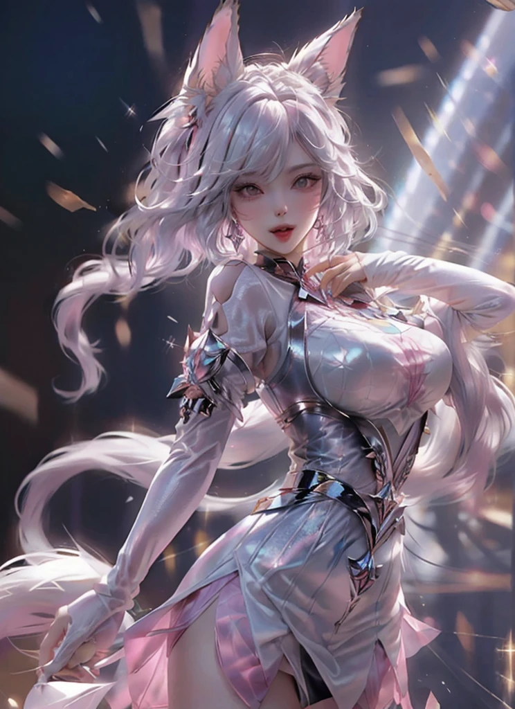 best quality, 32k, incredibly absurdres, extremely detailed, Intelligent beauty, silver short ponytail, red eyes, excited look, shiny seamless enamel latex rubber bodysuit, sparkling, shining brightly, shiny chrome plated, shiny gold plated, shiny silver plated and sparkling, shining brightly, finely crushed ruby, pink sapphire, blue topaz, emerald, amethyst, diamond, crystal, rainbow moonstone, white opal room, steampunk, dieselpunk, clockpunk, blend art, mixture art, fractal art, art design, motion-blur, action-lines, speed-lines, background swirl, static electricity, electric discharge, geometric pattern, irregularity, mysterious, sign of something happening, image processing with mysterious effects, translucent, fantastic haze, scattered gold powder, iridescent wind-effect, light-effect, professional lighting, BREAK , background tarot card style image, gear shape in iridescent, rainbow colors neon line light, variety of visual styles that combine various artistic elements like a sparkling iridescent rainbow