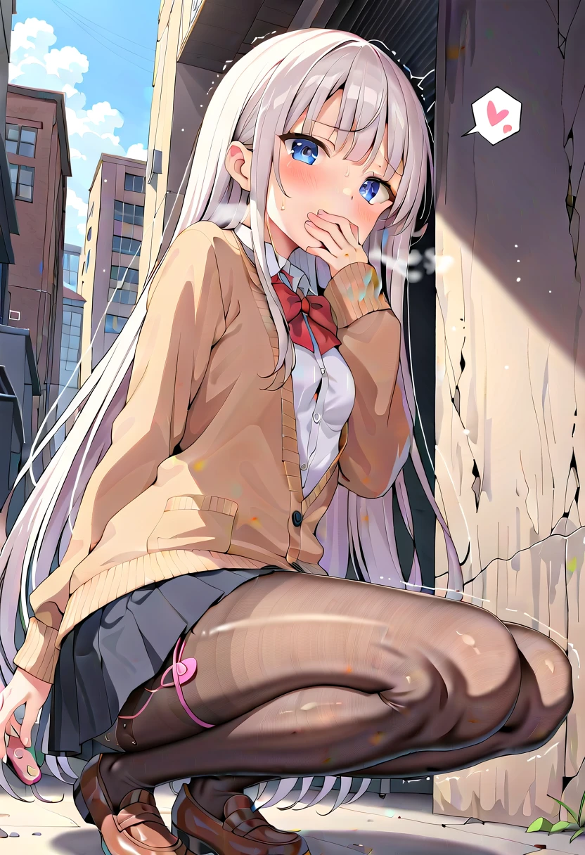 (masterpiece,beautiful,hughres,CG,8k,16k,best quality,high-resolution,detailed fingers,detailed hands,detailed legs,detailed eyes:1.5),anime,source anime,illustration,(from front,from below:1.2),panties focus,(1girl,Alone:1.2),(Hiding behind a building ,Narrow back alley, dark place under the building,Darkness:1.5),(white hair:1.5),blue eyes,(very long hair,straight hair,bangs:1.5),(school uniform,white shirt,Cardigan,pleated skirt,black skirt:1.3),(black tights:1.4),(white panties:1.4),(open clothes:1.2),(small breasts:1.4),hand over own mouth, covering own mouth,sitting,(squatting,legs together:1.4),(vibrator under clothes, egg vibrator:1.2),(female orgasm,pussy juice:1.3),(trembling:1.4),(gasping,heavy breathing,blush:1.5),(impatience1.1),flustered,(fidgeting around:1.4),(steam:1.2),(sweat skin,sweat:1.4),(streaming tears:1.3),drooling,looking away,(looking down:1.4),(spoken heart:1.2),(narrow one's eyes:1.6),(open mouth:1,2)