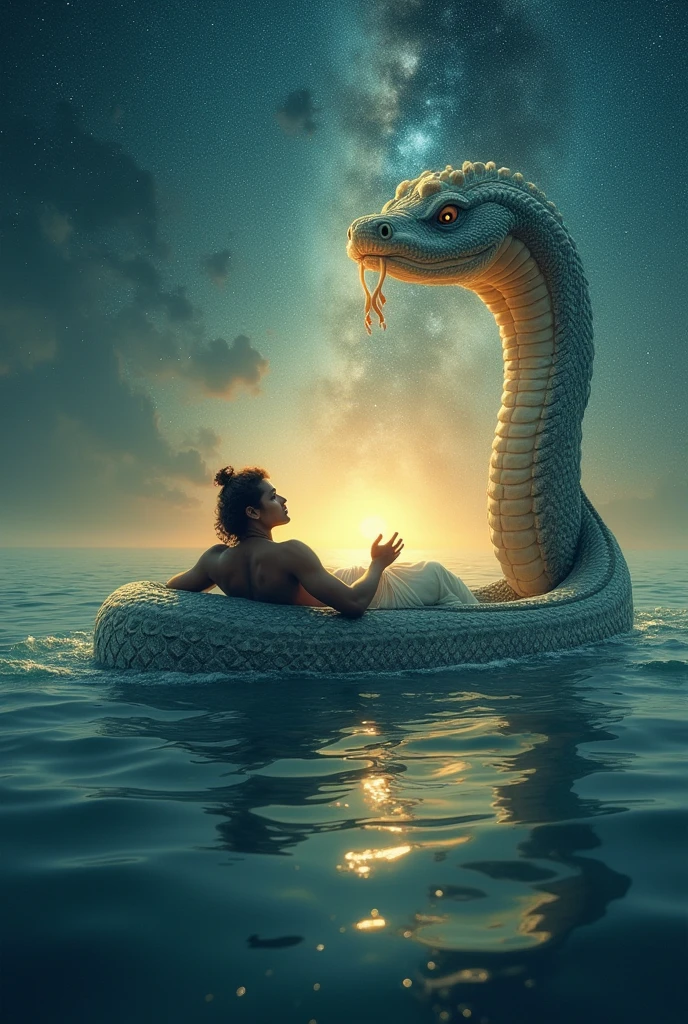 The Enchanted Flower, A close-up of a vibrant, enchanting flower blooming at the edge of a tranquil lake. Lakshman is reaching out towards the flower, while a menacing snake emerges from the water, its eyes fixed on him.