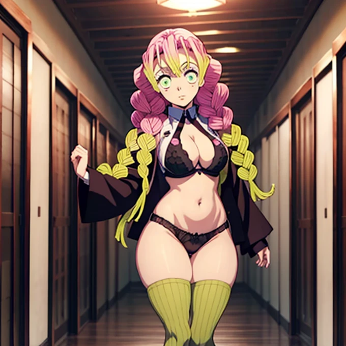 Mitsuri Kanroji big pink curly hair green eyes medium boobs medium large abdomen healed thighs Thick thighs Big black thighs panties and sexy black bra inside the anime room