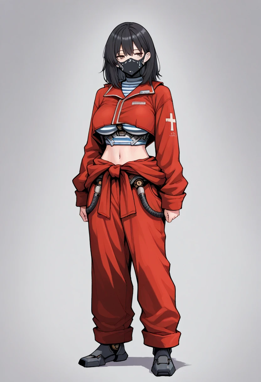 Anime, concept art, Absurd resolution, high resolution, (masterpiece: 1.4), hyper-detail, octosoup, 1woman,  mthwshanya, medium hair, black hair, black eyesblue, jumpsuit, long sleeves, striped shirt, full body,  cyborg, mechanical hands, boob window, midriff, lower face mask, tubes, wires, raggy clothes, cybernetic eye, adeptus mechanicus, red robe, tech priest, mechanical joints,

