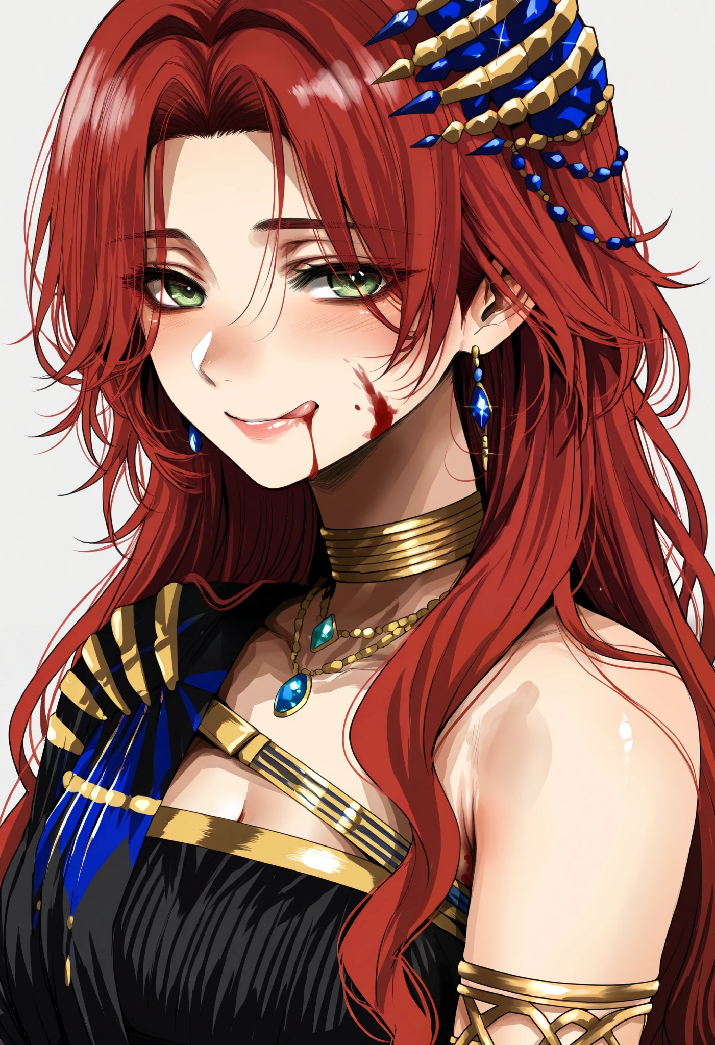 (Hoshi San 3:0.9), 1girl, sophia\(manus vindictae\)\(reverse:1999\), long hair, red hair, black dress, armlet, blue gemstone jewelry, gold choker, jewelry, green eyes, portrait, smile, lip, licking lips, blood on face, looking at viewer, grey background, masterpiece, best quality, amazing quality, very aesthetic, high resolution