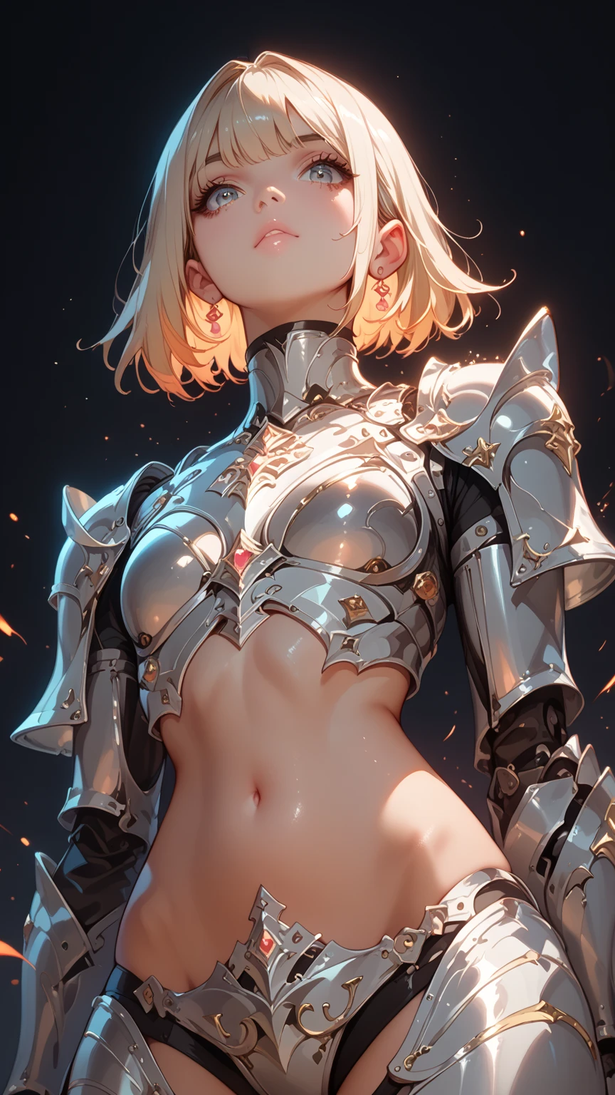  anime girl ,  organic armor cyborg 、 nice body curves, Knight in armour,  showing off his figure , View from below,  Sexy Posing ,  simple dark background.Armor Texture