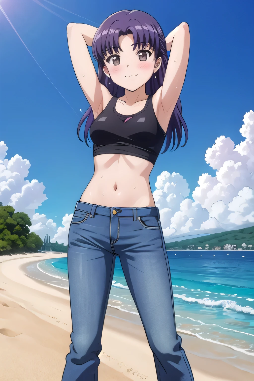 masterpiece,best quality,ultra detail,1girl, yo, pee, ((round face, ecstasy, orgasm face, drooping eyes, shame smiling, blush)), dropping eyes, sleepy, background((under the beach, (day:1.2), under sand beach, bright sky)), misato katsuragi, long hair, (brown eyes:1.5), (purple hair:1.2), (parted bangs:1.5), arms behind head, contrapposto, spread armpits, looking at viewer,, White tank top, White crop top, jeans, blue pants, (flares jeans 1:1), blue jeans, standing, (legs spread:3:1), dynamic pose, Sweaty crotch, Steam from the crotch, view wide, whole body