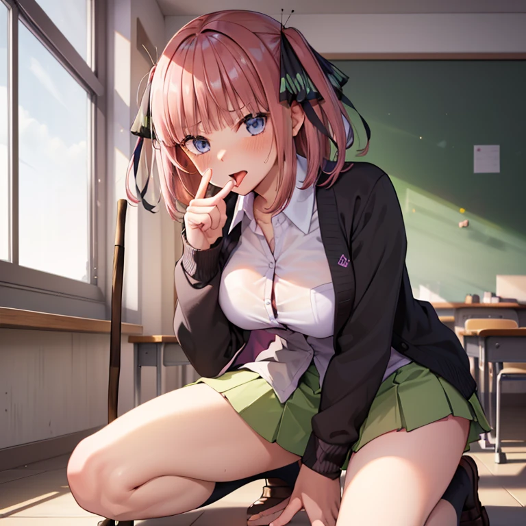 ((hdr, highest resolution, best quality, beautiful, raw image)), ((classroom)), ((blurry background)), daytime, (((1youngboy black hair, white shirt))), (((1girl ,pink hair))), hair ornament,  (blushing:1.2), (((surprise face))), , , wide open mouth, , (slender), (( large breasts)), (((school uniform ,black cardigan ,collared shirt ,green skirt, blazer))), ( purple bra ,purple panties), looking at viewer ,((kneeling ,open legs, leaning forward)) ,(((very transparent stick grip, hand in front of mouth))), ,((very transparent stick licking)),((tongue out long)) ,(()), ,from side