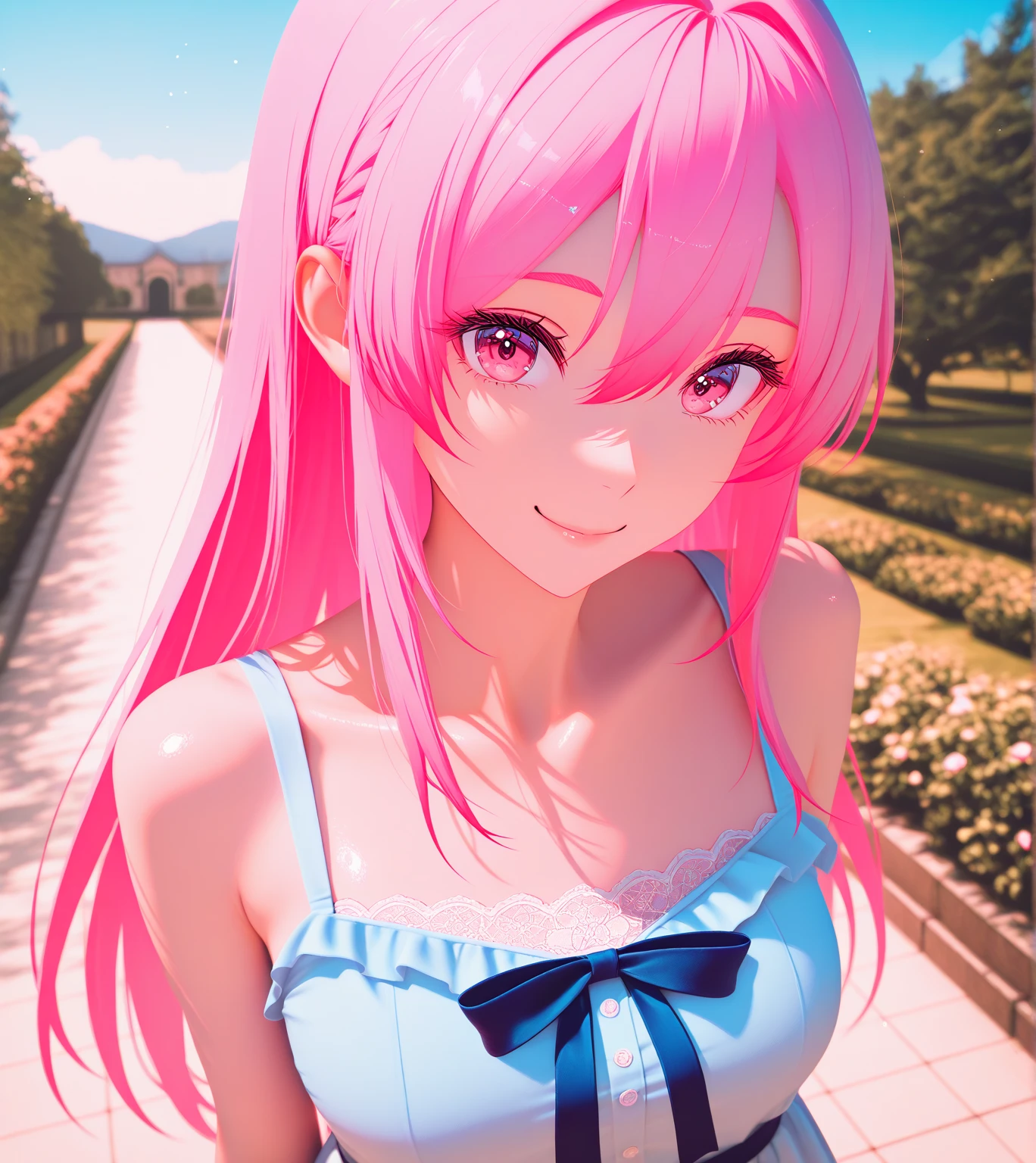 1girl, solo, girl focus, adult, very detailed expressive eyes, aesthetic eyes, (bright eyes), (bright pink eyes),  pink eyes, beautifully styled hair, very detailed hair, bright pink hair, long hair, hair between eyes, loose hair, smile, styled loose hair, smile, looking at viewer, small breasts, shiny skin, healthy skin colour, summer blue dress, ribbon, standing,  upper body, face focus, garden, sunny, blue sky, BREAK
HDR, 8K, masterpiece, best quality, amazing quality, very aesthetic, high resolution, ultra-detailed, absurdres, newest, scenery, 
masterpiece, scenery, aesthetic detailed background, best quality, 3d cg rendering, game cg aesthetics,
 beautiful detailed eyes, detailed skin, detailed hair, light particles,  photo background, depth of field, 
(masterpiece), best quality, ultra-detailed, 1024k UHD wallpaper, ultra-high resolution, depth of field, HDR, Ray tracing, RTX, high saturation, photon mapping, best texture quality, best compotitions, (extremely detailed CG 1024k wallpaper), High Details, Detailed face, Detailed Clothes, Ultra HD Photo, Perfect Face, expressive eyes