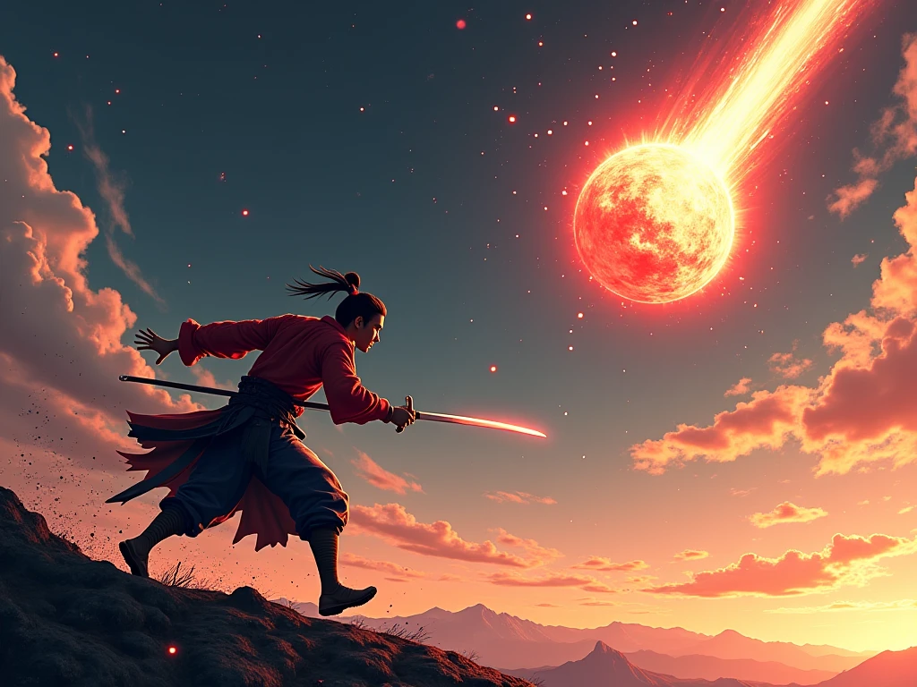 cinematic image, high quality, shadows and real lights, 8k, a far way duel between a samurai and fireball throwing wizard on the surface of the moon, duel, samurai, wizard, with flying saucer that is hovering with mysterious lights, black hole