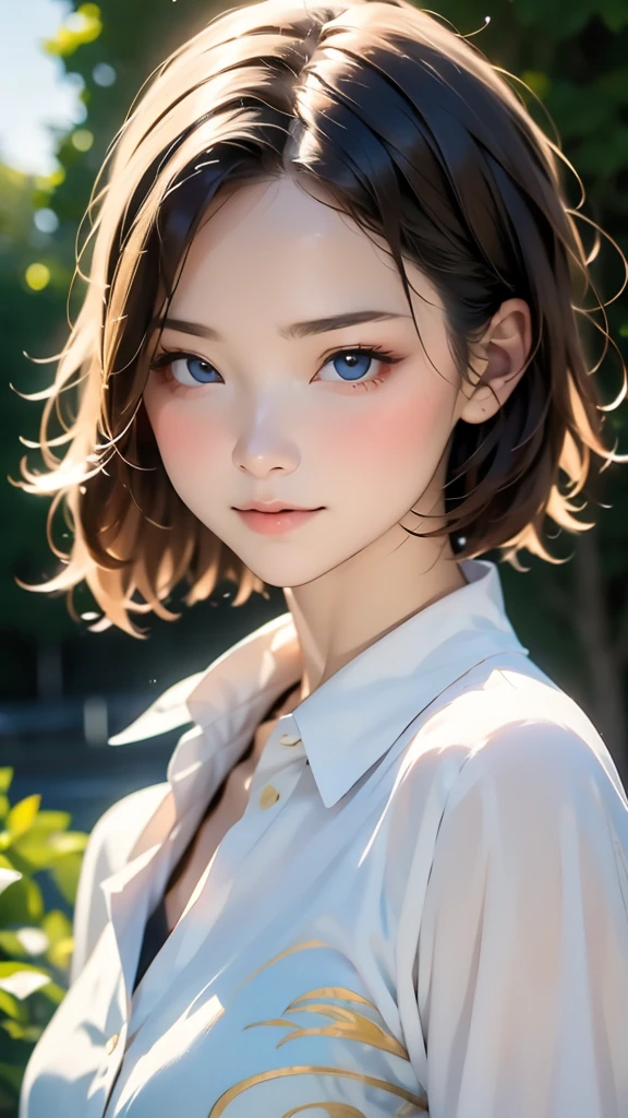 1 Very Cute Girl, ***********, short hair, White Hair, Blue background, Upper body, (head shot:1.5), Eyes focus, Collared shirt, Laughter,, (8k, Raw photo, highest quality, masterpiece:1.2), (Realistic, Photorealistic:1.3), Hmph, Deep depth of field, Wide Light, High Contrast, (Shine:1.4), chromatic aberration, Sharp focus, RAW color photoovie stills, Cinematic lighting, 8k resolution,(Enhances the beauty of skin texture:1.1),((Extremely precise and accurate anatomy:1.0)),Kind eyes,Graceful pose,(Beauty of form:1.4) Golden ratio, big eye,(nature's providence:1.4),