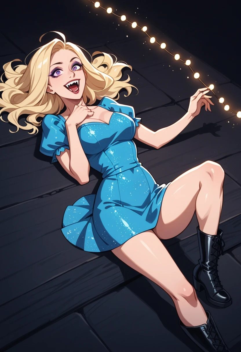 ((()))、((( Young woman with far away blonde hair))、, Leg spread, (purple eyes,  square face   ),    fair skin ,  light blue short dress with puffy sleeves ,  black boots, vampire teeth ,  glitter and makeup   ,  , to smile,  standing, with one foot over the head of a man ,  man lying with his head under the woman's foot ,  The raised chin    , shout,  crazy look,  far away,  tousled hair,bar lights,angle above 