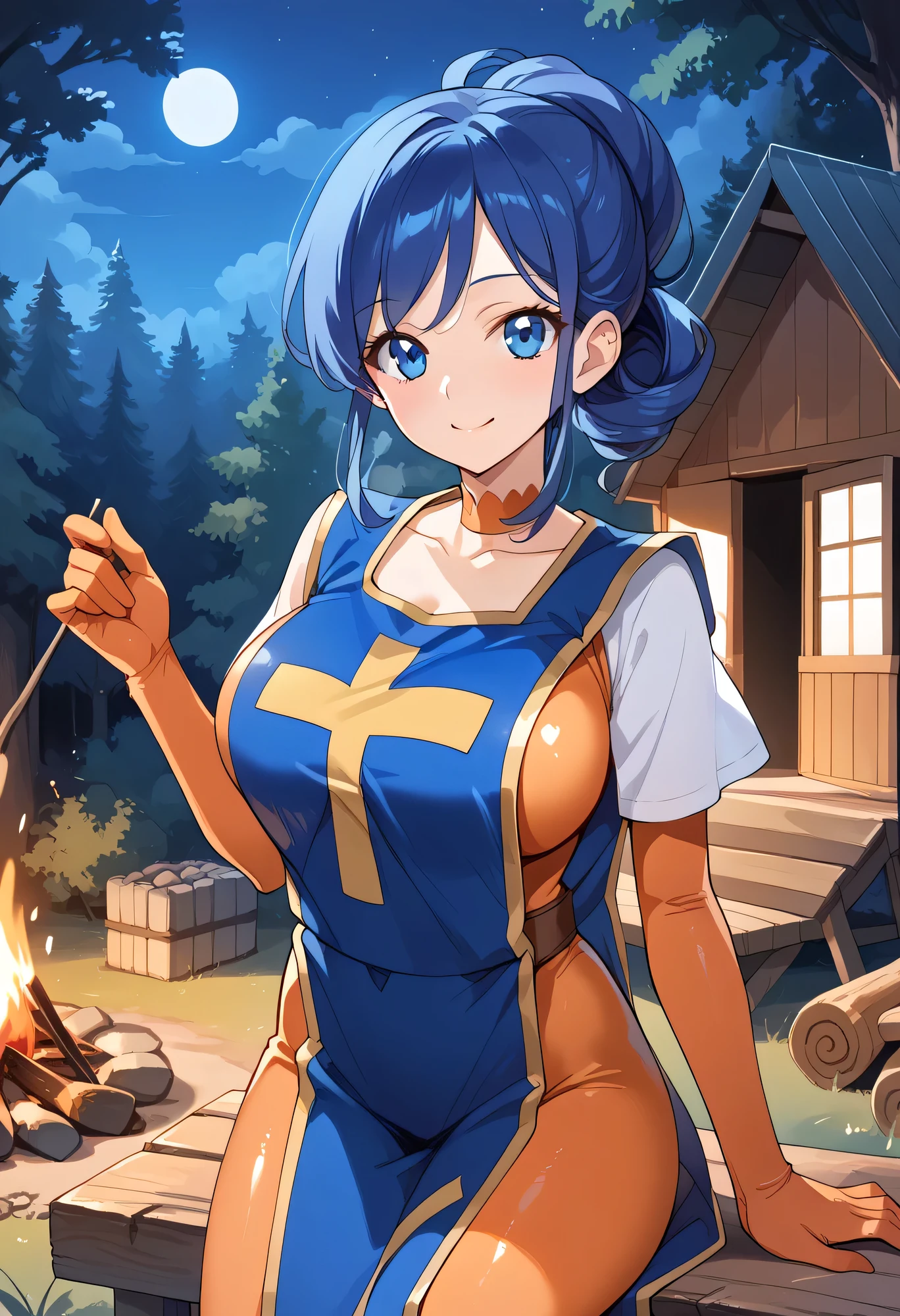 
Masterpiece, high resolution, top quality, 8k (
 blue hair, blue eyes, Kiriya Aoi, , best quality, masterpiece, shiny skin, cabin, forest, campfire, indoors, night,
nice hands, perfect hands, solo, 1girl, looking at viewer, priest \(dq3\), (orange bodysuit:1.2), mitre, tabard, elbow gloves, large breasts, 
collarbone, smile,