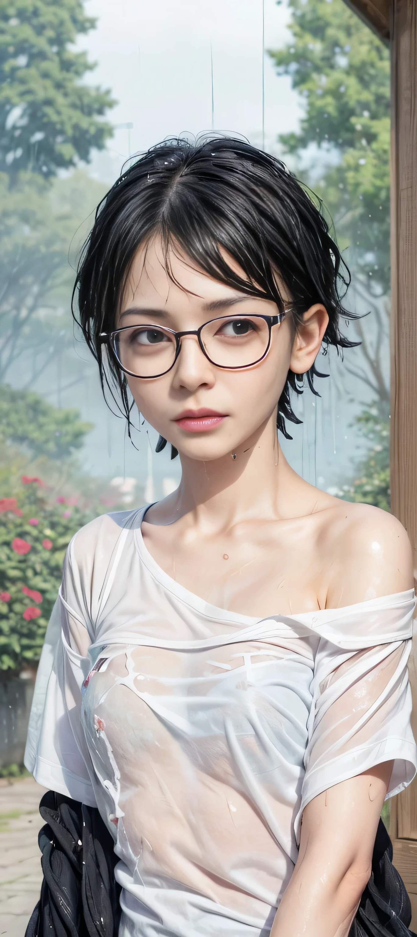 masterpiece, best quality, (realistic,photo-realistic:1.4), (RAW photo:1.2), extremely detailed CG unity 8k wallpaper, delicate and beautiful, amazing,finely detail, official art, absurdres, incredibly absurdres, huge filesize, ultra-detailed,extremely detailed eyes and face,light on face,sarada,(little smile:1.2),(black hair:1.4),(very short hair:1.4),nature,sarada uchiha ,(wearing black framed glasses:1.5),(wearing oversized t-shirt:1.5),(wet body:1.5),(raining:1.4),garden