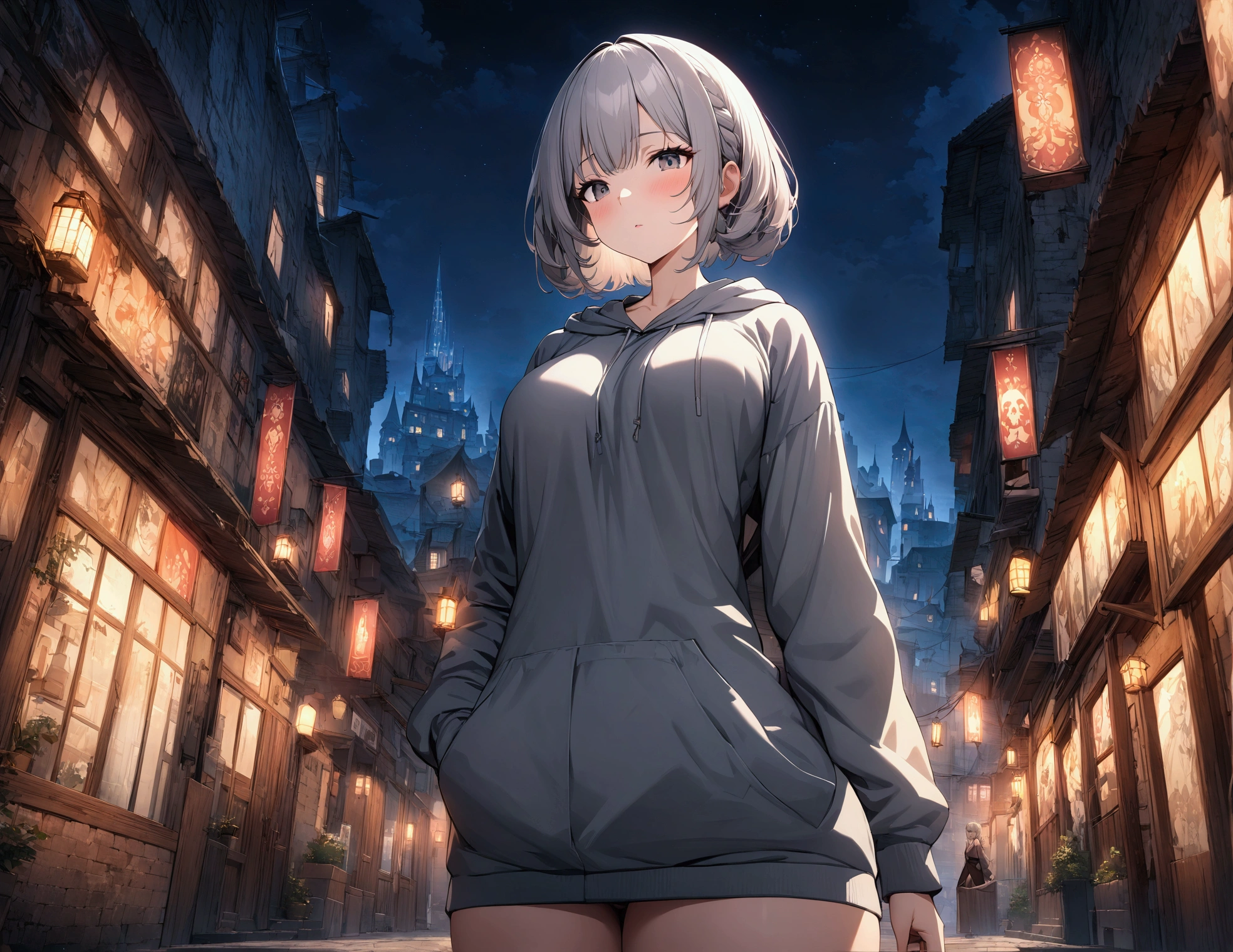 (masterpiece,最high quality,high quality)), ((8K wallpapers integrated with high-definition CG)), (Huge and stunning goddess shot,, Amazing beauty, Perfect proportions, Beautiful body, Slim body beauty:1.1)One girl,City of night,Wearing a hoodie,Gray Hair,Back Alley,8K ,