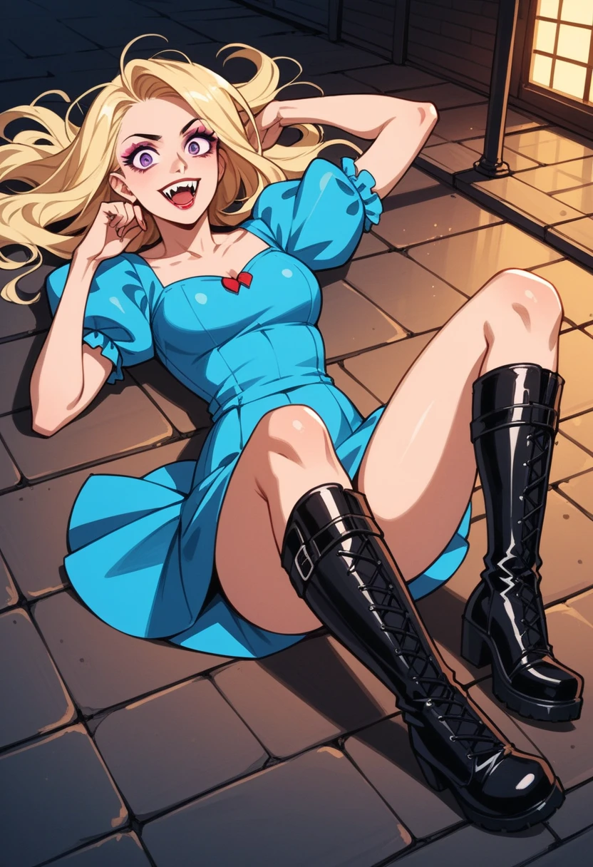 ((()))、((( Young woman with far away blonde hair))、, Leg spread, (purple eyes, square face ), fair skin , light blue short dress with puffy sleeves , black boots, vampire teeth , glitter and makeup , , to smile, standing, with one foot over the head of a man , man lying with his head under the woman's foot , The raised chin , shout, crazy look, far away, tousled hair,bar lights,angle above, submission 