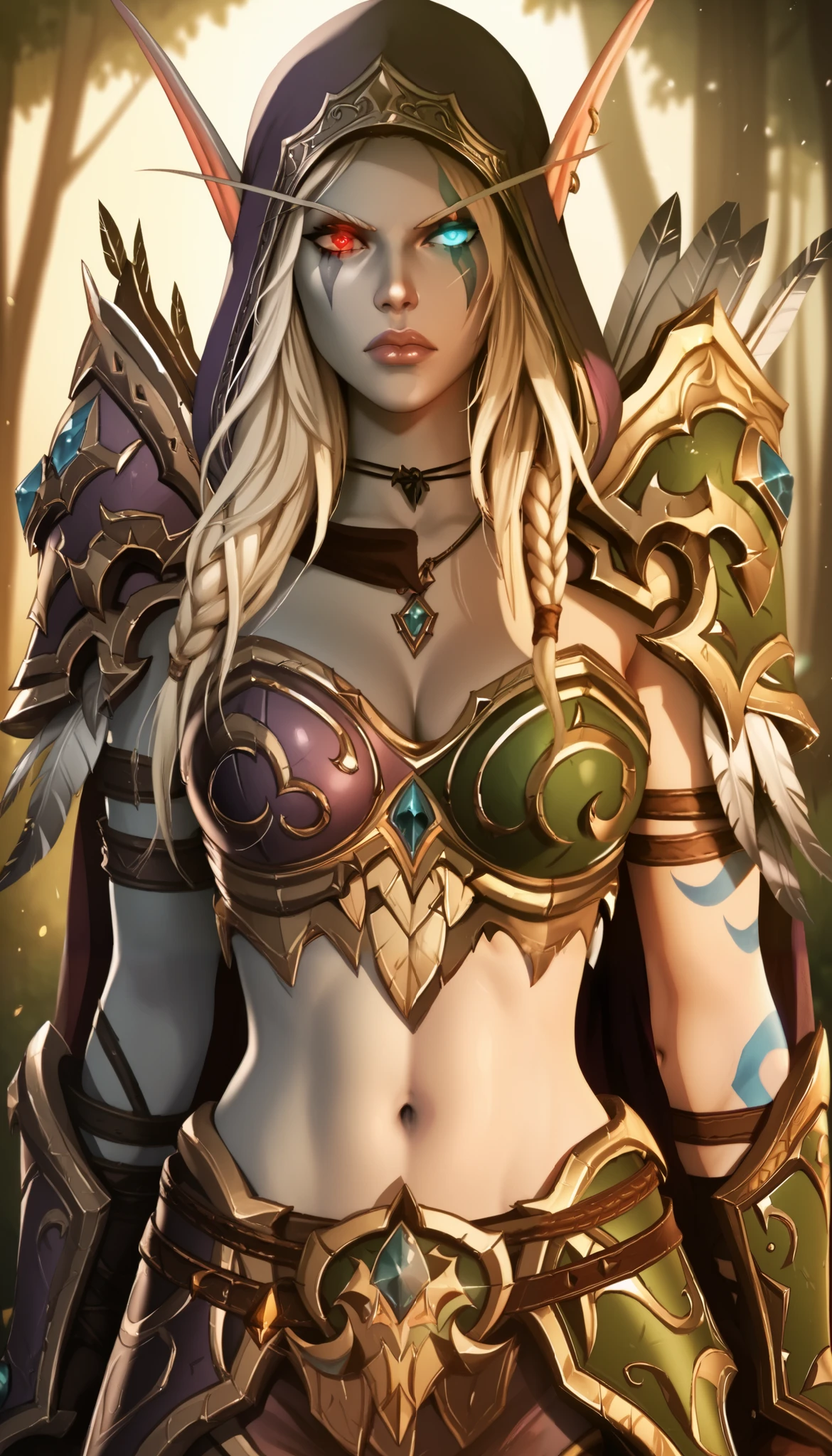 Looking at viewer, (SplitScreen, split screen, Forest background, BREAK sylwinundead, long hair, undead, white hair, grey skin, pointy ears, red eyes, hood, pauldrons, glowing eyes, breastplate, gloves, armor, cape, pants, midriff, angry, colored skin, purple hood, navel, purple armor, purple pants)