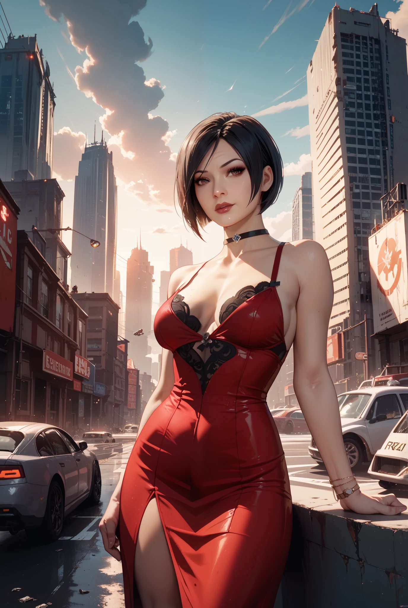 masterpiece, best quality, giantess, 1girl, solo, adadress, red dress, cleavage, choker, pantyhose, walking in cyberpunk city