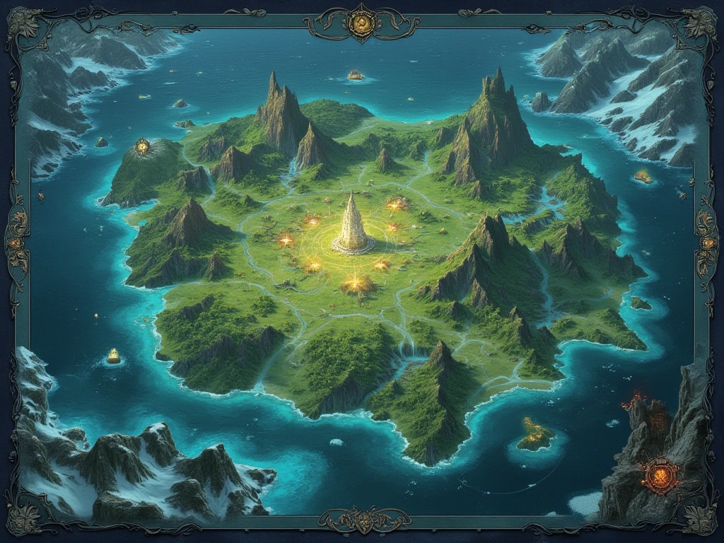 Create a highly detailed fantasy map of Daria Land, a realm bordered by two vast seas and filled with diverse terrains. To the west, illustrate the Sea of Stars, a tranquil ocean with shimmering waters that reflect the constellations above. On the east, depict the Eternal Abyss, a darker, stormy sea with ominous waves and jagged coastlines.

In the center, design the Heartland, a lush expanse of rolling green plains, crossed by winding rivers and dotted with small, mystical symbols representing shape-shifting creatures. Place a towering Crystal Tree at the very center, its radiant branches extending outward like a natural compass.

To the east of the Heartland, include the Iron Ridge Mountains, a rugged range of snow-capped peaks. Add intricate cave entrances on the mountainsides, hinting at ancient dwarven ruins. Mark the western edge of the map with the Tower of Shadowflame, a spire of black obsidian perched on a cliff overlooking the Sea of Stars, surrounded by glowing crimson runes and shadowy forests.

Enhance the map with artistic details like faded parchment textures, decorative compass roses, and intricate borders of vines and mystical glyphs. Use hyper-detailed, ultra-high-definition visuals with vibrant color shifts for contrast between the bright Heartland and the darker seas. Render with masterpiece-level quality to evoke a vivid and immersive fantasy world.

