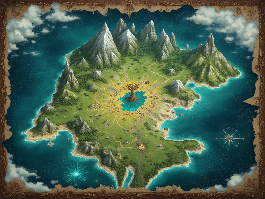 Create a highly detailed fantasy map of Daria Land, a realm bordered by two vast seas and filled with diverse terrains. To the west, illustrate the Sea of Stars, a tranquil ocean with shimmering waters that reflect the constellations above. On the east, depict the Eternal Abyss, a darker, stormy sea with ominous waves and jagged coastlines.

In the center, design the Heartland, a lush expanse of rolling green plains, crossed by winding rivers and dotted with small, mystical symbols representing shape-shifting creatures. Place a towering Crystal Tree at the very center, its radiant branches extending outward like a natural compass.

To the east of the Heartland, include the Iron Ridge Mountains, a rugged range of snow-capped peaks. Add intricate cave entrances on the mountainsides, hinting at ancient dwarven ruins. Mark the western edge of the map with the Tower of Shadowflame, a spire of black obsidian perched on a cliff overlooking the Sea of Stars, surrounded by glowing crimson runes and shadowy forests.

Enhance the map with artistic details like faded parchment textures, decorative compass roses, and intricate borders of vines and mystical glyphs. Use hyper-detailed, ultra-high-definition visuals with vibrant color shifts for contrast between the bright Heartland and the darker seas. Render with masterpiece-level quality to evoke a vivid and immersive fantasy world.

