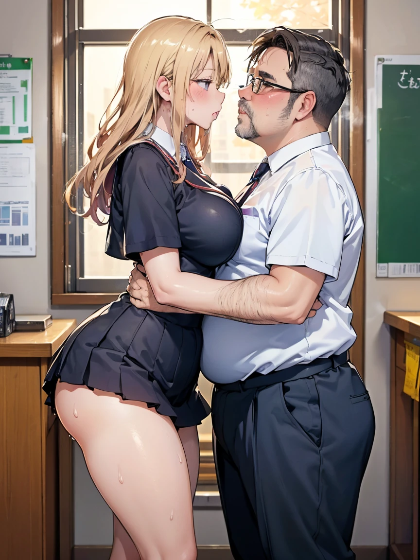 (1girl, 1old man:1.8), (old man and girl hugging:1.8), Anime cel drawing style, masterpiece, Best Quality, High resolution, nsfw, cowboy shot:1.6, (gigantic breasts:1.6), shirt lift, panty shot, fear, blonde hair, Bangs, Side Ponytail, Hair Ornament, highleg panties thong, bra, classroom, White sailor suit, Short sleeves, red neckerchief, (1girl 1old man kiss:1.8),