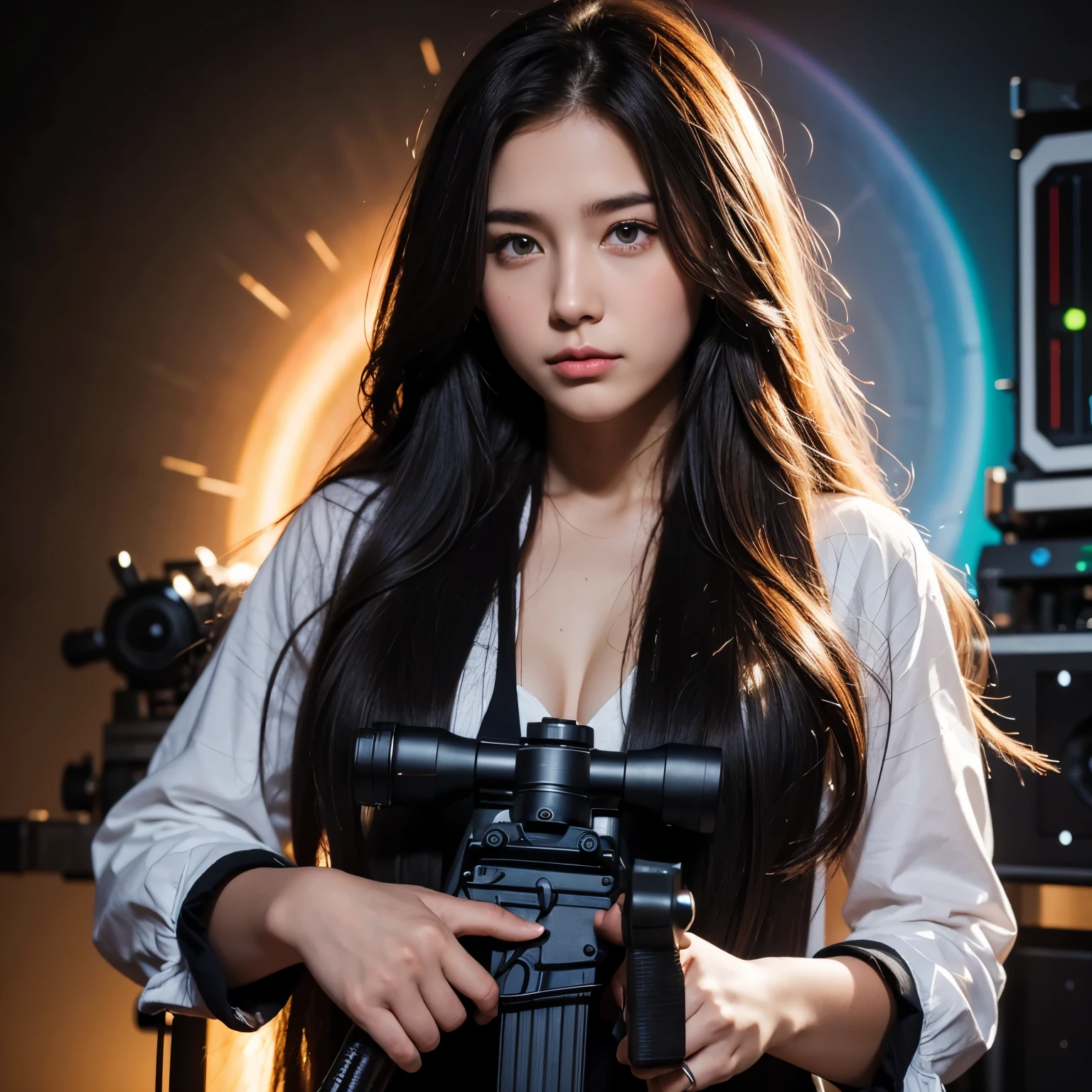 Ridiculous resolution, high resolution, (masterpiece: 1.4), Ultra Detail, Dark-haired young woman dressed as a technician, Blush and excited expressions, Sitting in the extremely small and closed mecha control room