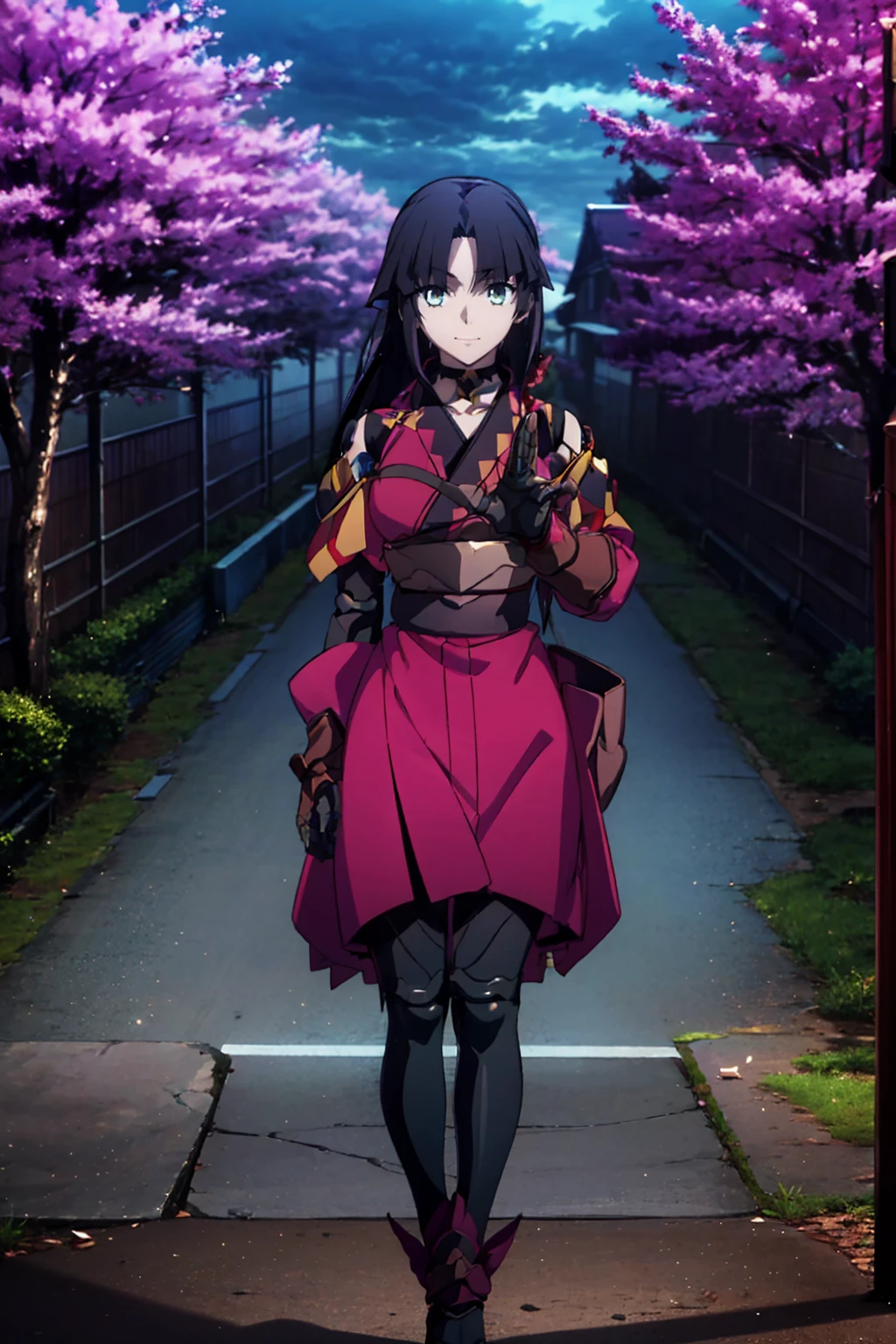 One Girl Kato Danzo（Fate）, Ufotable style , Machine Hands and Joints, Assassin 3 ,Mecha,kimono, under a cherry tree ,night, viewer's perspective,smile