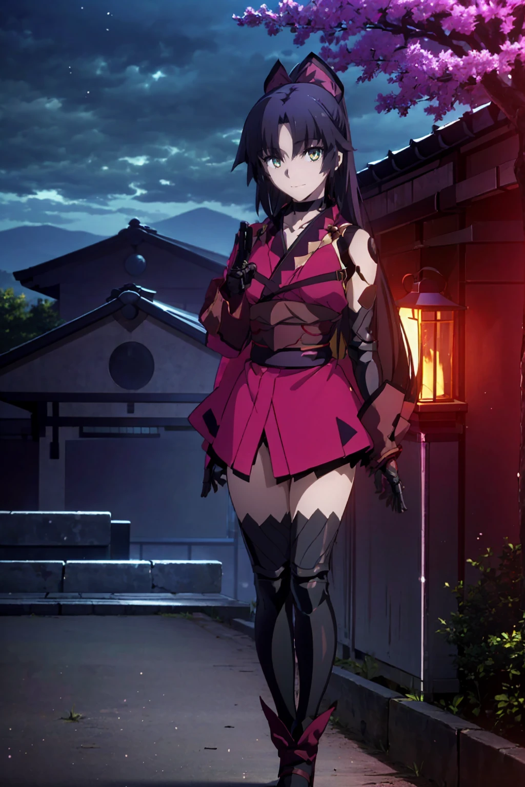 One Girl Kato Danzo（Fate）, Ufotable style , Machine Hands and Joints, Assassin 3 ,Mecha,kimono, under a cherry tree ,night, viewer's perspective,smile