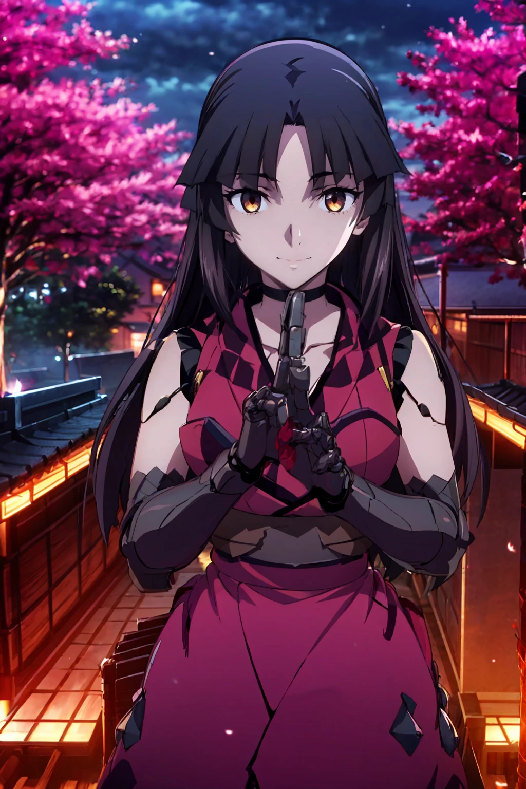 One Girl Kato Danzo（Fate）, Ufotable style , Machine Hands and Joints, Assassin 3 ,Mecha,kimono, under a cherry tree ,night, viewer's perspective,smile