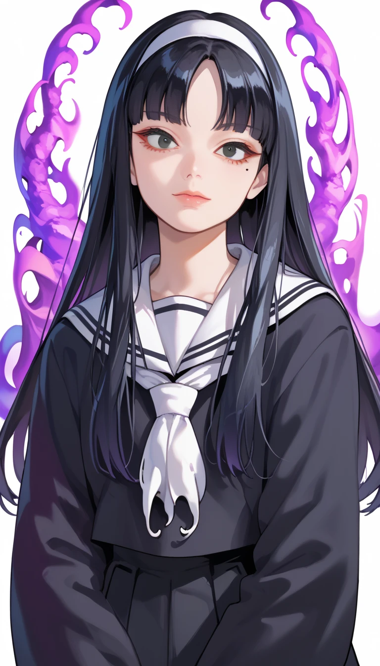 Score_9, score_8_up, score_7_up, score_6_up, source_anime, rating:general, 1girl, gothic girl, pale white skin, black eyes, black hair, long hair, blunt bangs, parted bangs, white hairband, mole under left eye, portrait, sailor suit school uniform, head tilt, sultry look, mysterious, 8k quality, vivid colors, perfect lighting, perfect shadowing, purple SmokeyAura, purple Aura, purple Smoke, eldritch eyeballs, lovecraftian