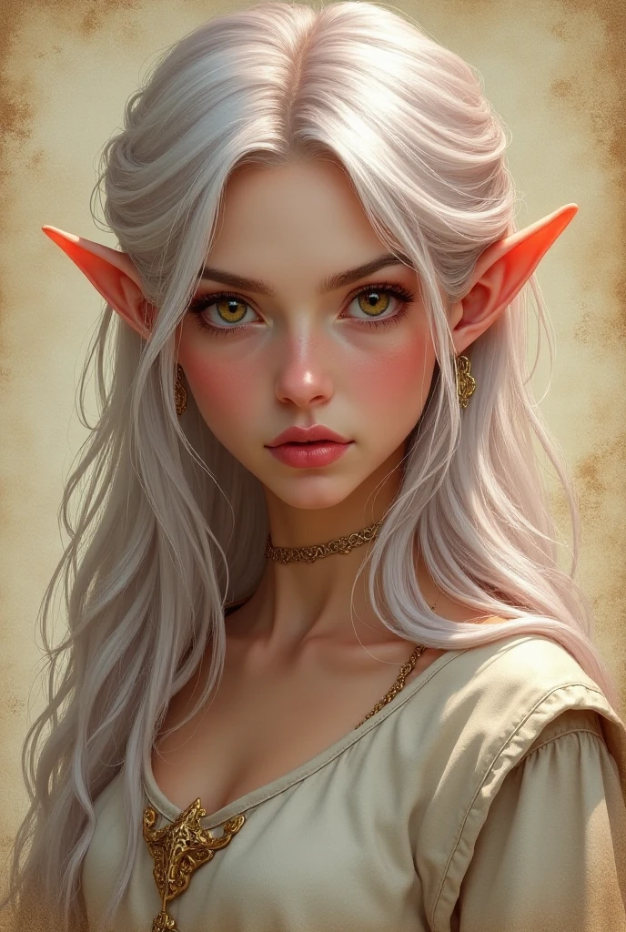 High quality concept art portrait featuring a fantastic and beautiful and fair 18 years old whit Silver pink hair and Hazel eyes Caucasian o lot of color Elven women(Bella Delphine) whit drawn on weathered parchment, using lord of the rings or dungeons and dragons, character sheet, perfect anatomy, parchment serves as a canvas decorated with ancient runes, made by hand. sketches drawn, by Boris Vallejo, high details,