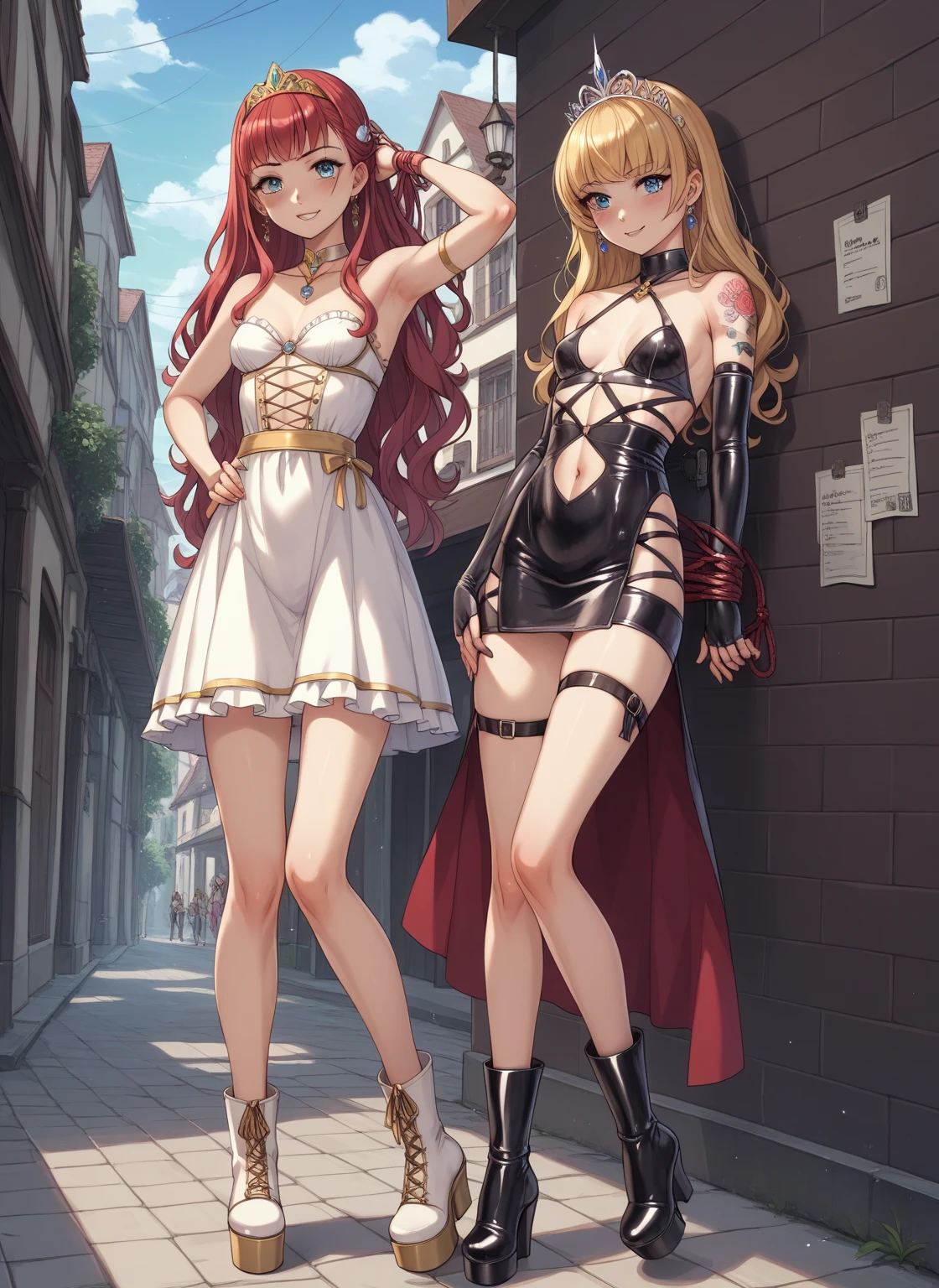 Princess with red hair with some pink tint, with a braid on one side of the hair, burning red eye. Beautiful body big chest ass, standing showing dress. black long stocking thighs, of jump . At the bottom of the house there is a castle. Showing your legs is heels . But you're dressed with a beautiful body in black and blue colors., with colae around the neck. With open leg