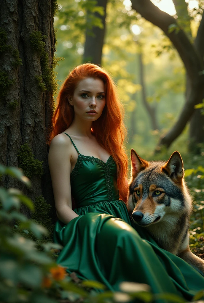 depict a statuesque Slavic woman with porcelain skin, fiery ginger hair cascading down her back, and piercing green eyes, wearing a fitted, emerald green latex dress that showcases her curves, as she reclines amidst the lush foliage of a mystical forest, surrounded by towering trees with gnarled branches, their leaves rustling softly in the gentle breeze, with a majestic grey wolf lying beside her, its eyes fixed intently on hers, its fur blending seamlessly with the forest underbrush, the atmosphere tranquil and enchanting, with warm, golden light filtering through the trees, casting dappled shadows on the forest floor.