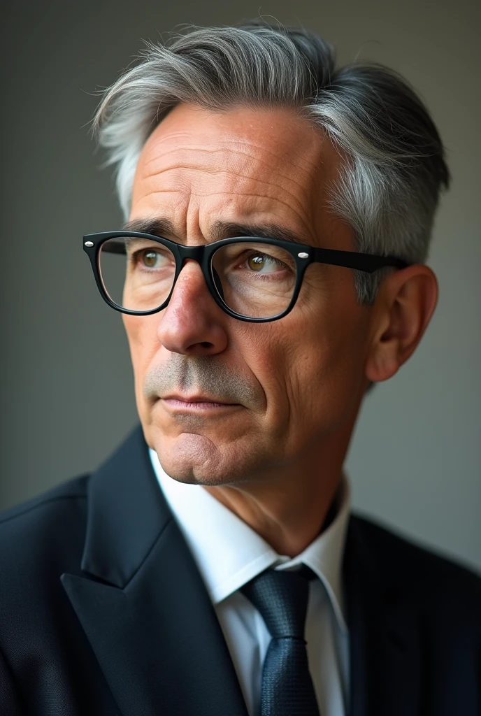 Number 10 (Death Parade), 1 person, Age 35,(Black bristles), Man wearing glasses, Close-up face, Profile picture,Formal and modest style dress, Black jacket,White shirt, Professional look,white-gray hair, silver, Tired look,