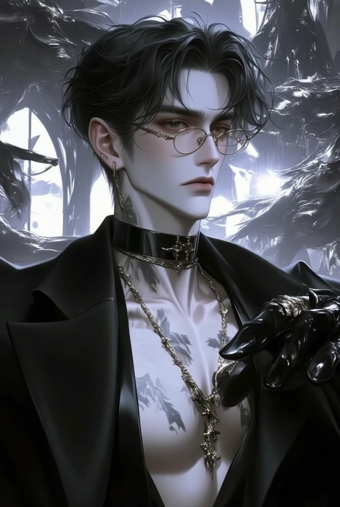 Style manhwa cool boy hot darkboy romantic boy handsome black and white Wearing glasses, has tattoos, background is a beautiful building.looking at you 