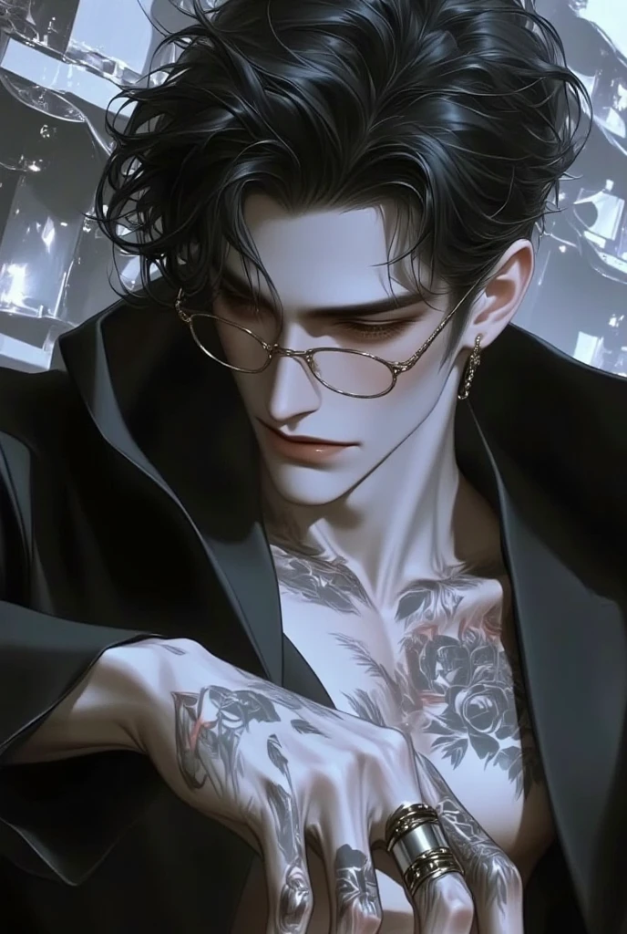 Style manhwa cool boy hot darkboy romantic boy handsome black and white Wearing glasses, has tattoos, background is a beautiful building.looking at you 