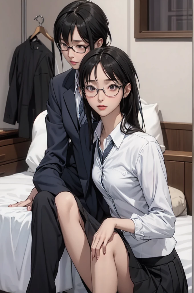 NSFW, Japanese、 A before and after illustration of a small breasted high school girl with a low ponytail and serious glasses、border in the center 、 studying in dark blue blazer, white shirt, red tie, and dark gray pleated skirt、Figure having sex naked on a bed