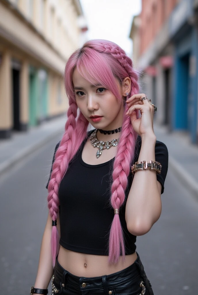 (Realisttic:1.2), analog photo style, Beautiful young woman, posing, long pink hair braided, (cyberpunk dark fantasy atmosphere), soft natural light, cute and sexy, great quality, Masterpiece, detailed strange background, better performance, 16k quality, RAW photo, in a street, cyberpunk street navel piercings, body piercings, huge chest, pink boots