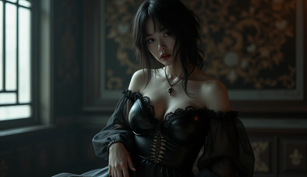 A woman with a dagger in her hand. She wears ornate, dark armor adorned with fur-lined shoulders, very small crown. Her expression is commanding, yellow eyes, flowing black hair, gotic castle background, medium and squishy breast, thin waist, blush