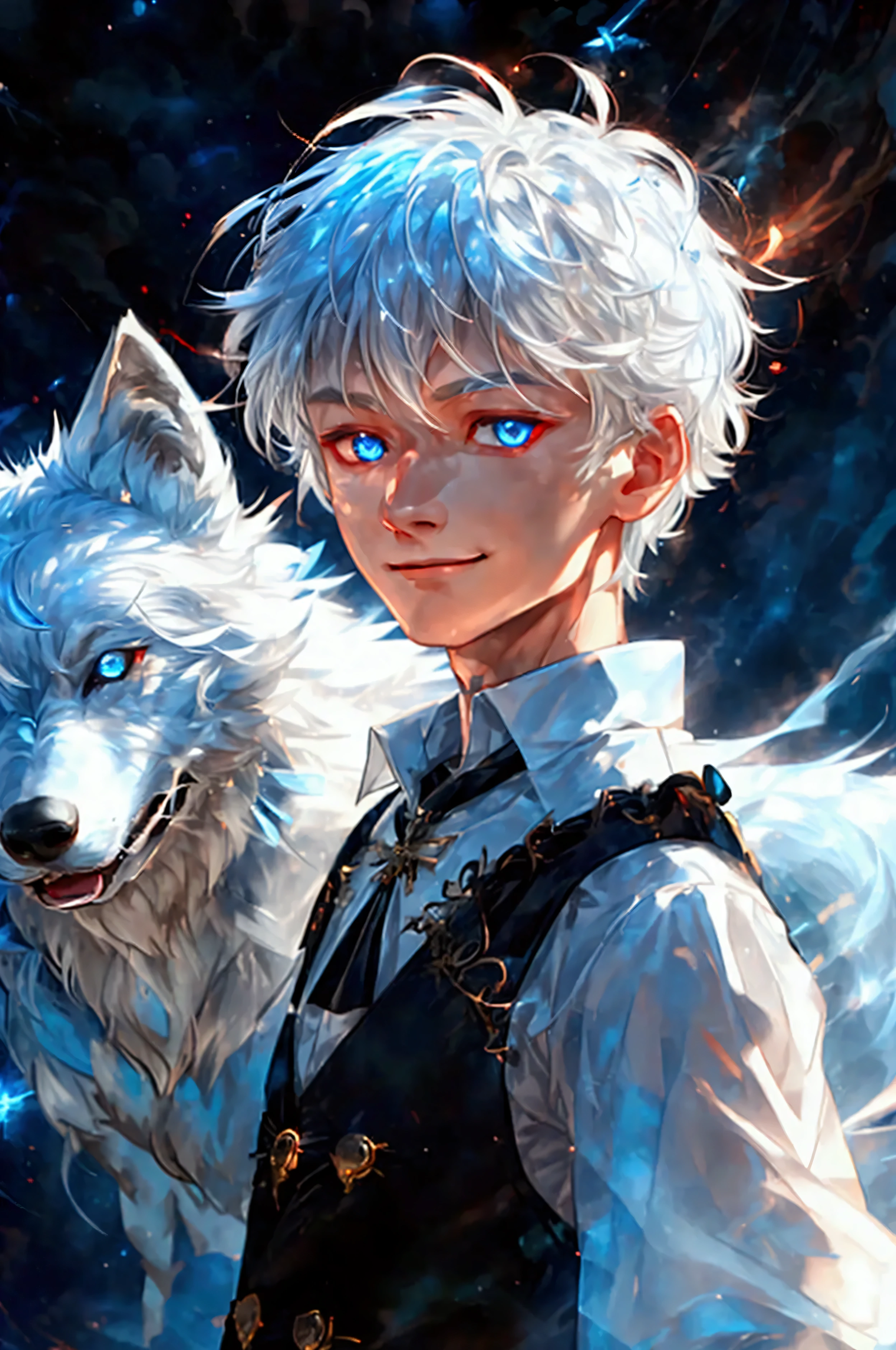 a smiling boy of about eighteen with swirling white hair and crystal blue eyes. He wears a black vest and a long-sleeved white shirt. Next to him walks a graceful white wolf with glowing red eyes.