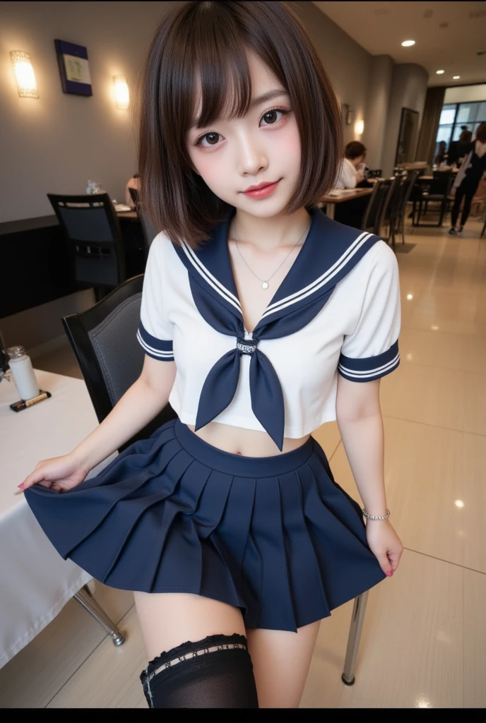 ( one girl :1.3) , Beauty, cute, (Nose redness), beautiful eyes , open legs:1.2 , ( very flat chest :1.2) , ( beautiful detailed eyes), ( school uniform:1.4), (micro skirt:1.4), (Insert :1.5) , notice the voyeur and look at the camera , (netorare face:1.4) , ( top quality: 1.2,masterpiece: 1.2),8k, professional lighting, movie lighting, super real ,Ultra HD, high definition ,Ultra HD,( medically accurate body ),( anatomically correct body),Symmetrical,(NSFW), beautiful face, beautiful body, Beautiful Fingers , beautiful hands,Beautiful nails, beautiful eyes,Beautiful arms, beautiful feet, sitting_chair ,under_skirt ,underwear ,panties_visible ,pantyshot ,glowing thighhighs,Look at the viewer and smirk ,A look of contempt, lift the hem of the skirt ,short bob hair