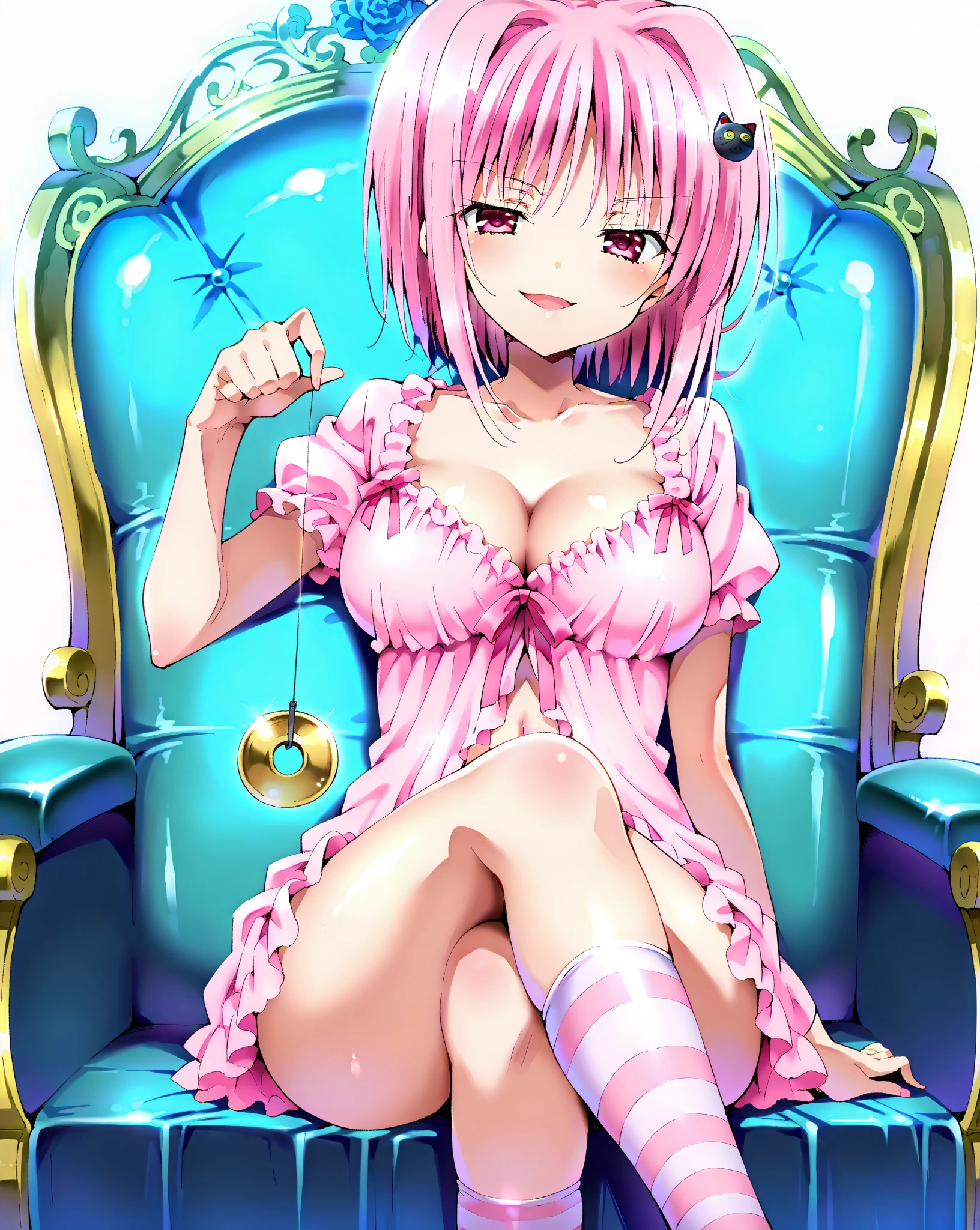 score_9, score_8_up, score_7_up, 1girl,solo, seduce,seductive, looking_down ,kawaii waifu, medium breasts, thighhighs, stripe socks (white and pink stripes),
short sleeves, white background, she is holding a pendulum in one hand \(hypnotist holding a pendulum\), ((holding pendulum)), holding string, perfect hands, looking at the viewer, one hand up, doll nightgown, show midriff, sexy smile, smirk, open mouth, bare hands, miniskirt, open mouth, bare hands, cleavage, sitting on a throne, crossed legs, masterpiece, high quality, absurd resolution, beautiful hands, masterpiece, 1 girl, Koneko Toujou

