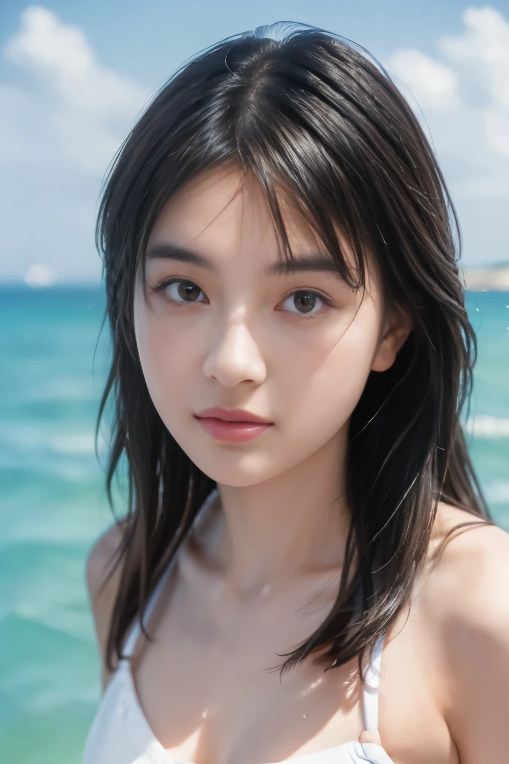 (8k, RAW photo, professional, best quality, masterpiece:1.2), (realistic, photo-realistic:1.37), highres icon, RAW photo, stylish bikini swimsuit, Hairstyle with bangs