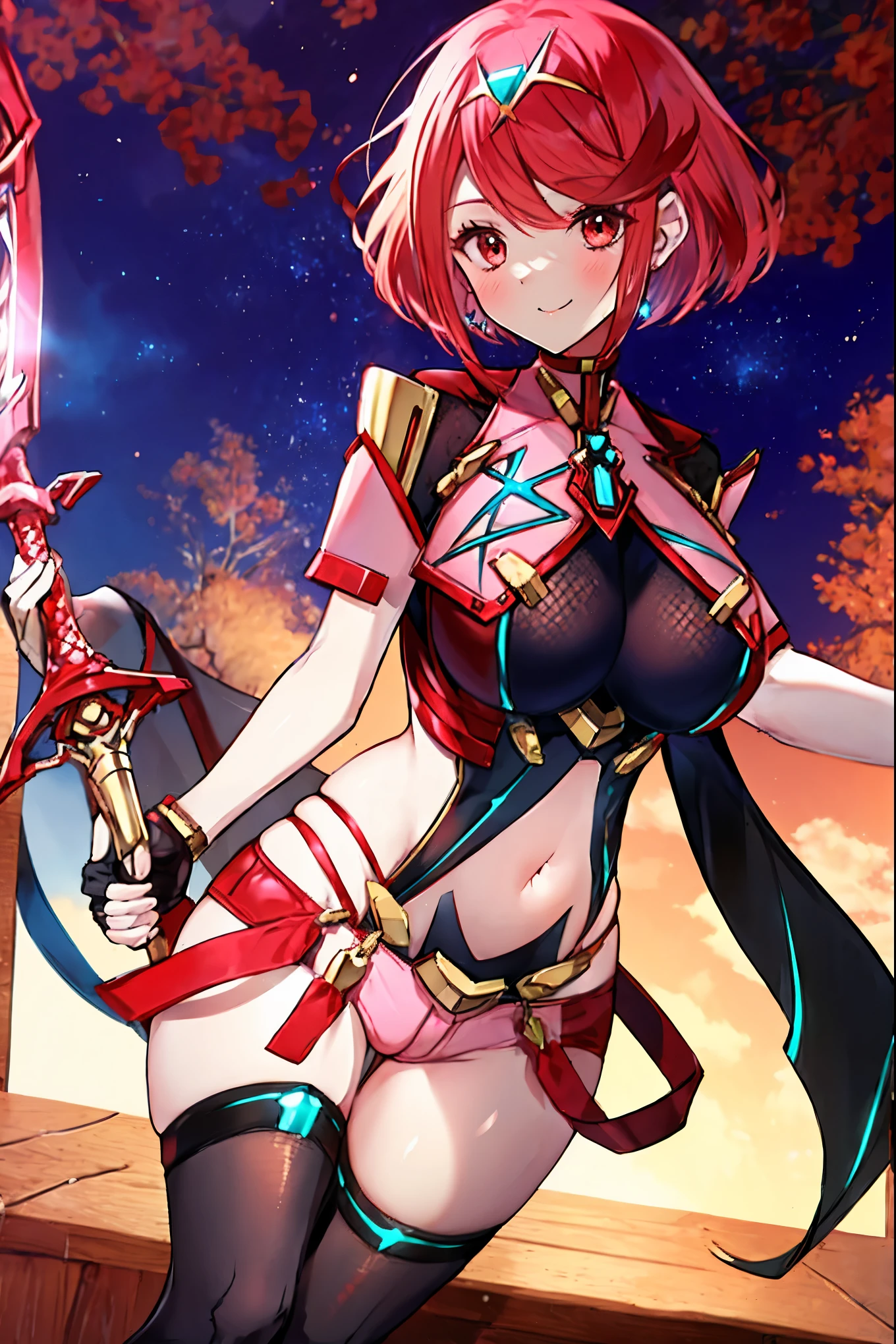 masterpiece, best quality, integrated scenery, integrated background, extremely delicate and beautiful, meticulous details, good composition, , cute face, perfect face, perfect hands, best quality, pyra \(xenoblade\), 1young_teen_girl, armor, bangs, red eyes, close mouth, earrings,black_fingerless_gloves, framed_medium_breasts, jewelry, leotard, red hair, short hair, red_short_shorts, short sleeves, sidelocks, skin tight, solo, swept bangs, thighhighs, tiara, night_town_background,, underbust, vambraces, light_smile,huge_sword, glab_large_sword_hilt, solo, midriff,half_eyes,