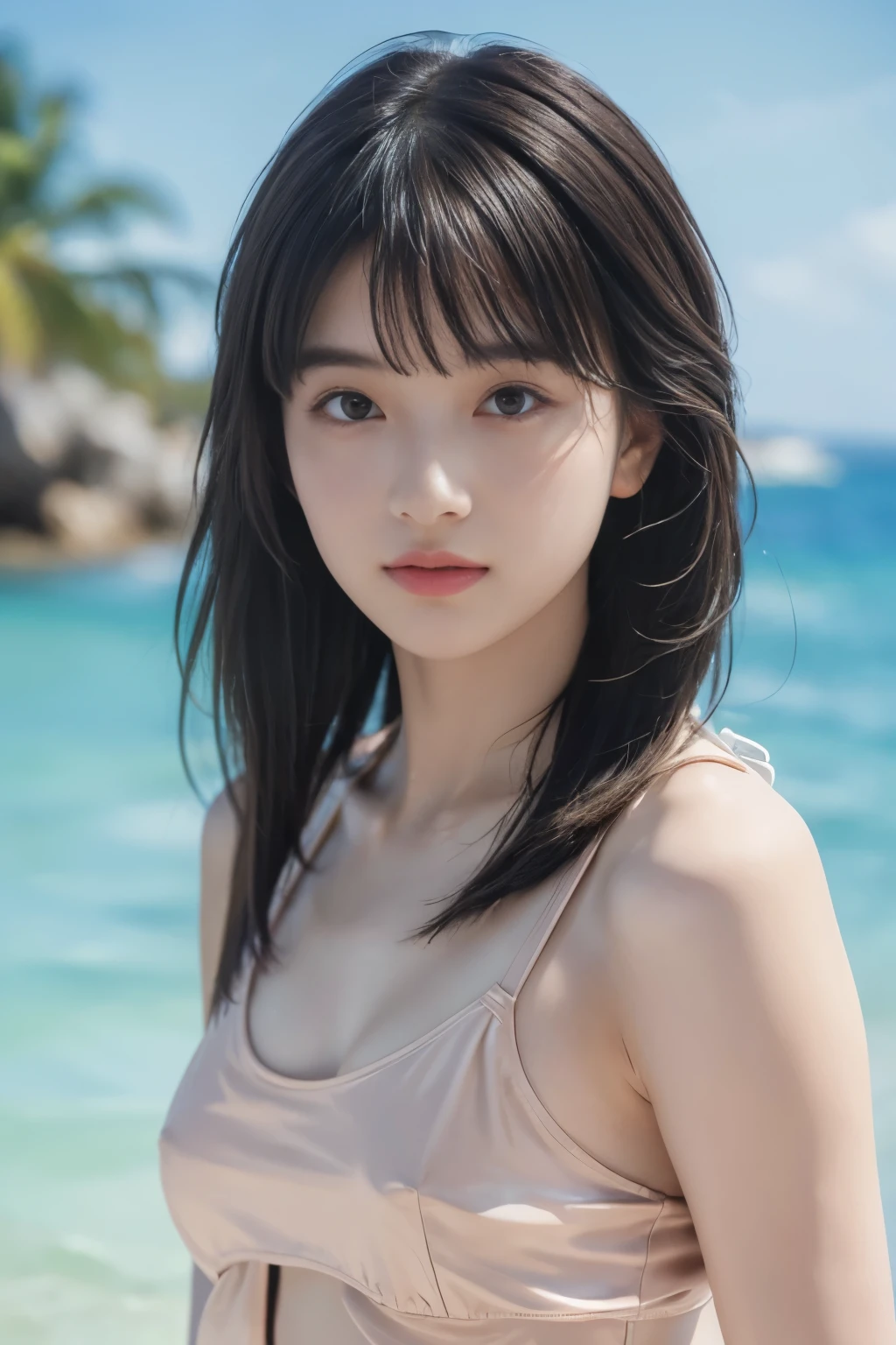 8K, Top Quality, Intricate Details, Ultra Detail, Ultra High Resolution, Masterpiece, random angle, Slender, Smile, (Makeup: 0.4), (Fluffy Blue Eyes: 1.21), blue Eyes,, ((full body)), 1girl, solo, 1 girl, (( full body)), close-up shot, , , ((tall)), (((fit body))), (((slim face))), sharp face, sharp eyes, (((black hair, low tied long hair, bangs )) ,(detailed face), sharp face, small lips, thin lips,
((crop top)), detailed face, detailed breast, , large breast, detail, , Beautiful girl with accentuated slender abs: 1.4, Six Pack Abs: 1.4, Bust Botox, Big, Perfect Body, detail leg, (( moonlight)), ocean