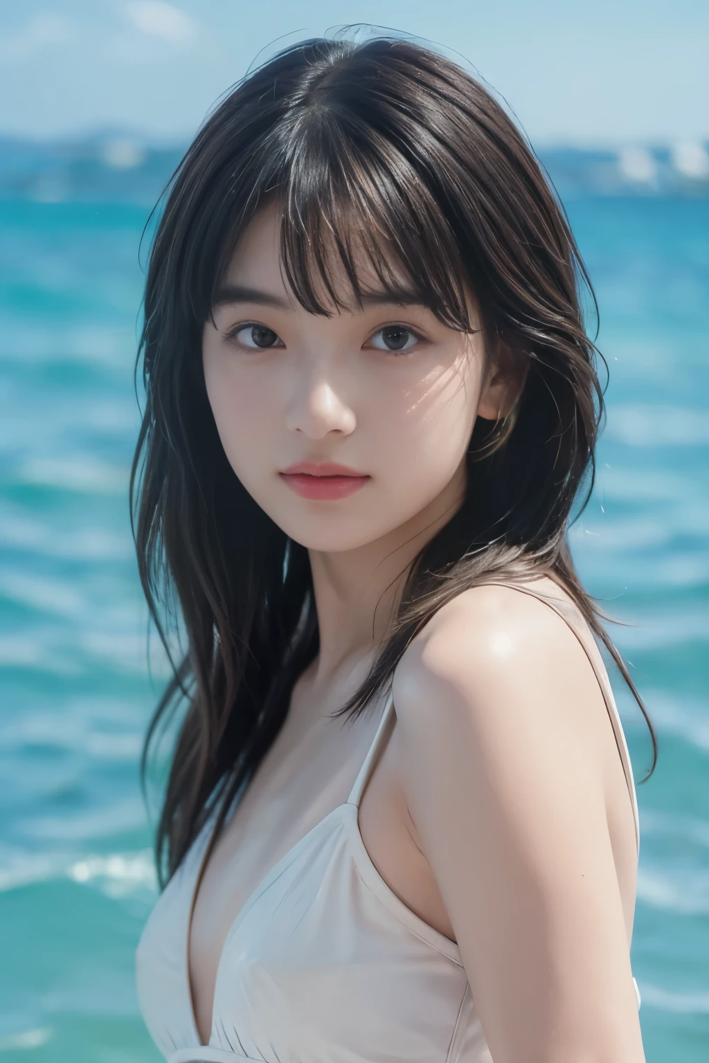 (8k, RAW photo, professional, best quality, masterpiece:1.2), (realistic, photo-realistic:1.37), highres icon, RAW photo, stylish bikini swimsuit, (Hairstyle with bangs)