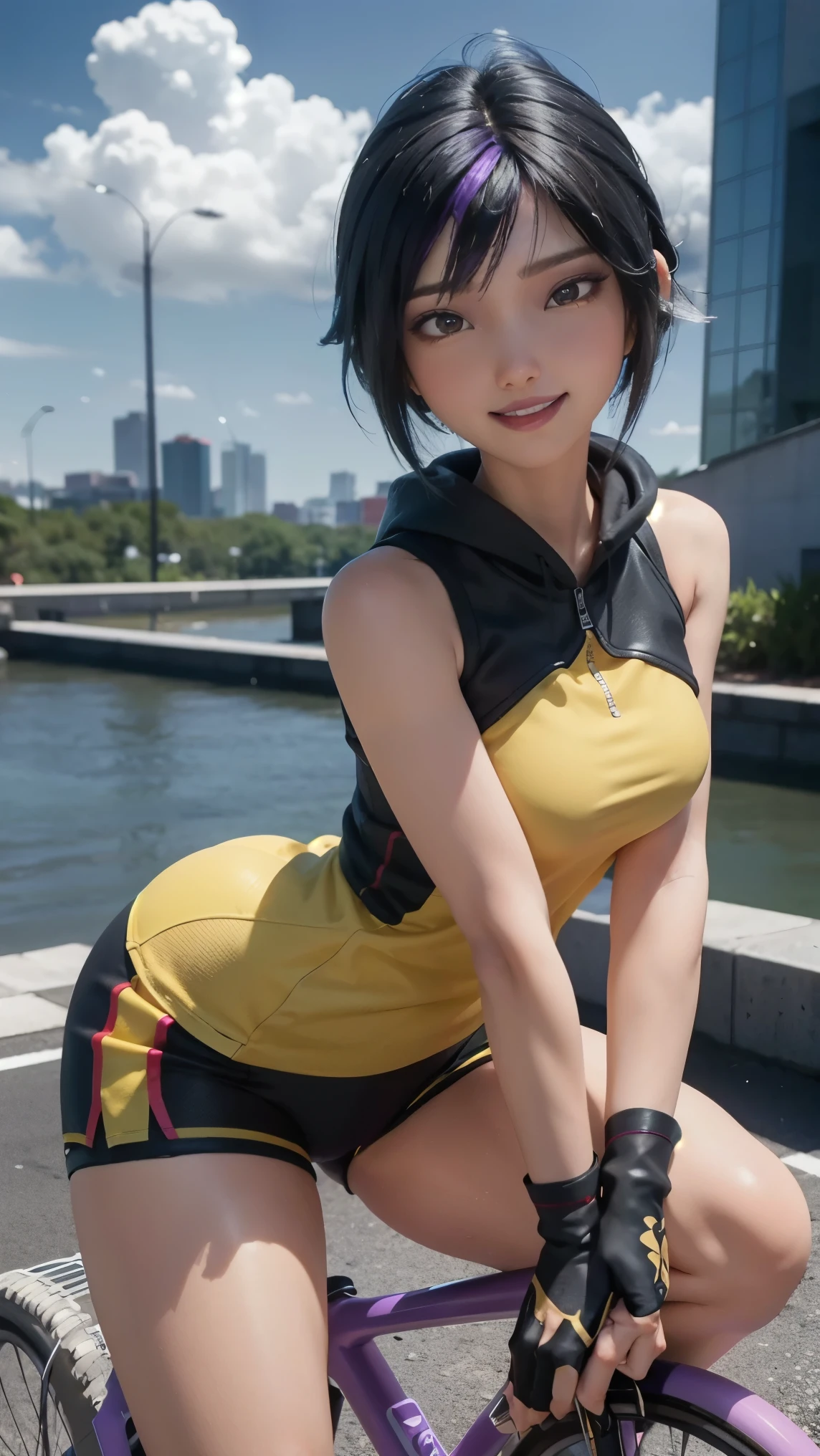 Gogo tomago,(best qualityer,4K,8k,high resolution,work of art:1.2)(weather: cloudy), Tokyo city background, river road, yellow sleeveless sport hoodie, yellow elbow long fingerless gloves, tight black sport leggings with red lining, fishnet stockings, yellow converse sneakers, punk earrings, punk embroidery, cheek mole, short wavy hair, black hair with purple highlight, ultra detailed, realistic, portrait,beautiful detailed brown eyes, glowing eyes,blush,beautiful detailed lips,extremely detailed eye and face, long eyelashes,sexy,average, medium breasts,beaming smile, sexy smile, powerful girl, sexy pose, stunning curves, bright coloured, dramatic lighting, riding a bicycle,