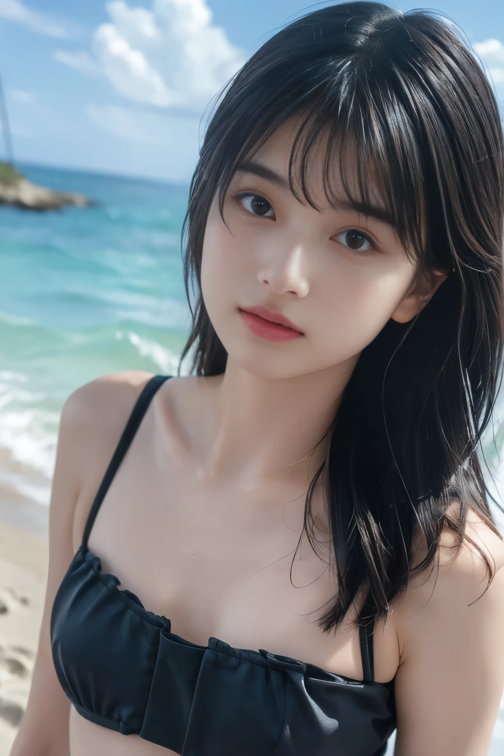 (8k, RAW photo, professional, best quality, masterpiece:1.2), (realistic, photo-realistic:1.37),  highres icon, RAW photo, stylish bikini swimsuit, (Hairstyle with bangs)