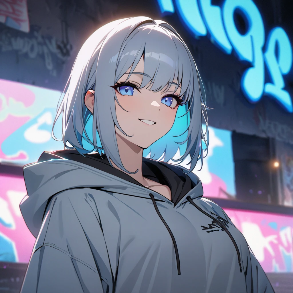 masterpiece,   top quality , 8k,  detailed background , masterpiece,   top quality , smile,  t 私 ,   hoodie,  portrait,  neon blue,  graffiti,  dark,   knight , 輝く瞳,   black light,Shen He